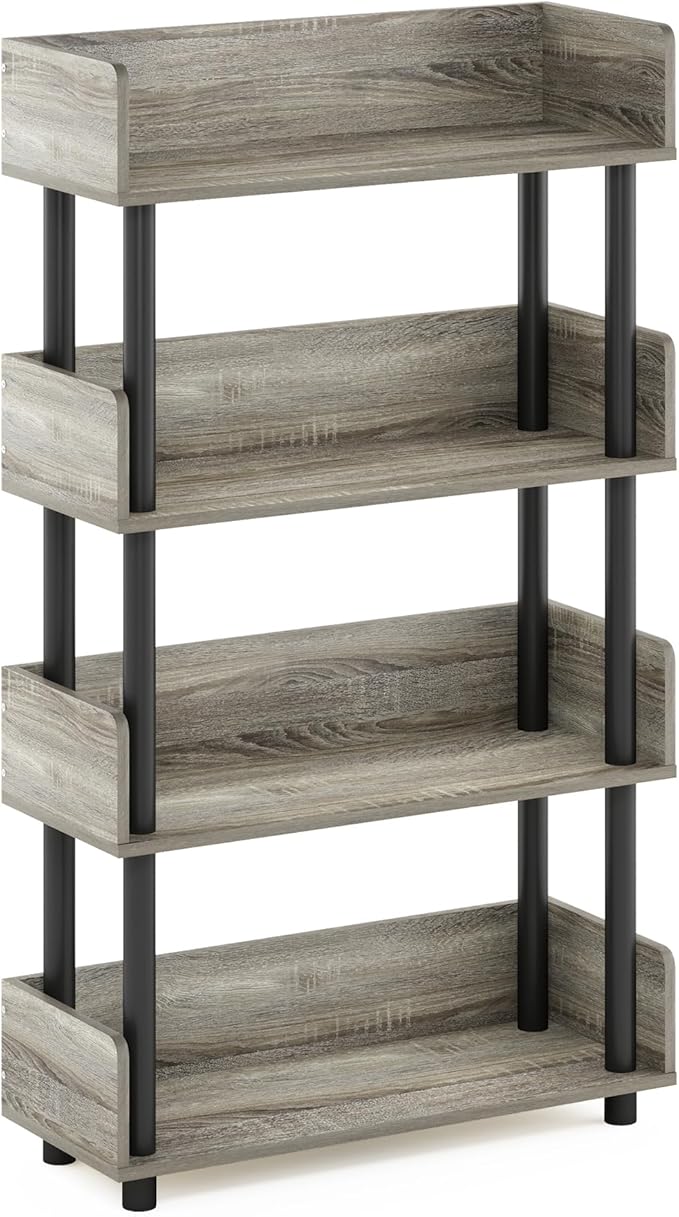 Furinno Turn-N-Tube 4-Tier Multipurposes Display Rack, Open Shelf Rack/Storage with Back & Side Panel, French Oak/Black-NeatNest