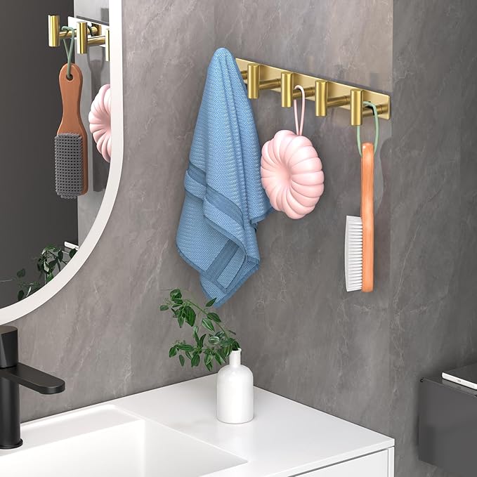 Wall Mounted Coat Rack-5 Hooks, Heavy Duty Stainless Steel Hook Rail for Towel Coat Hat Purse Bag Jacket, Towel Hooks for Entryway Bathroom Kitchen (Gold 5 Hooks - 1 Pack)-NeatNest