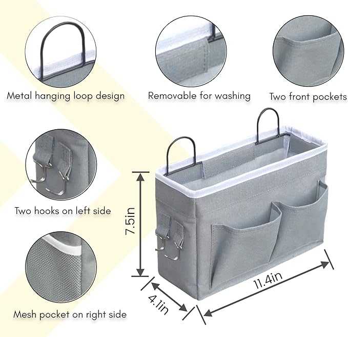 2pcs Middle Wall Hanging Organizer Bag, Linen Fabric Door Hanging Storage Basket with Pockets, Waterproof Bin for Kitchen, Bedroom, Office, RV Camper (Gray)-NeatNest