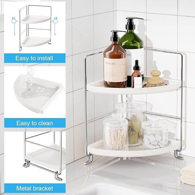 FSyueyun 2-Tier Corner Bathroom Counter Organizer, Tool-Less Installation Vanity Shelf Small Plastics Countertop Makeup Tray Skincare Perfume Organizers (Silver)-NeatNest