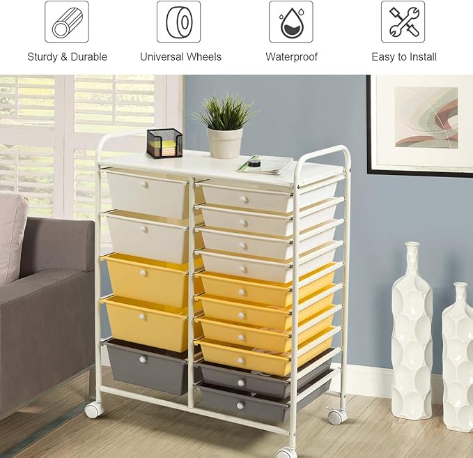 Giantex 15-Drawer Organizer Cart Office School Storage Cart Rolling Drawer Cart for Tools, Scrapbook, Paper (Yellow)