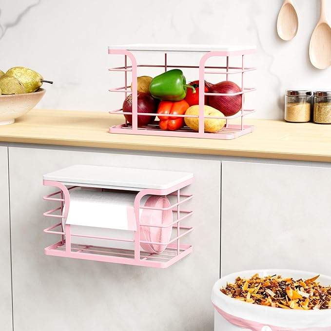 2 Pack Trash Bag Dispenser with Bamboo Top,Wall Mount Garbage Bag Holder,Stackable Kitchen Laundry Pantry Organizers for Countertop Organization,Pink-NeatNest