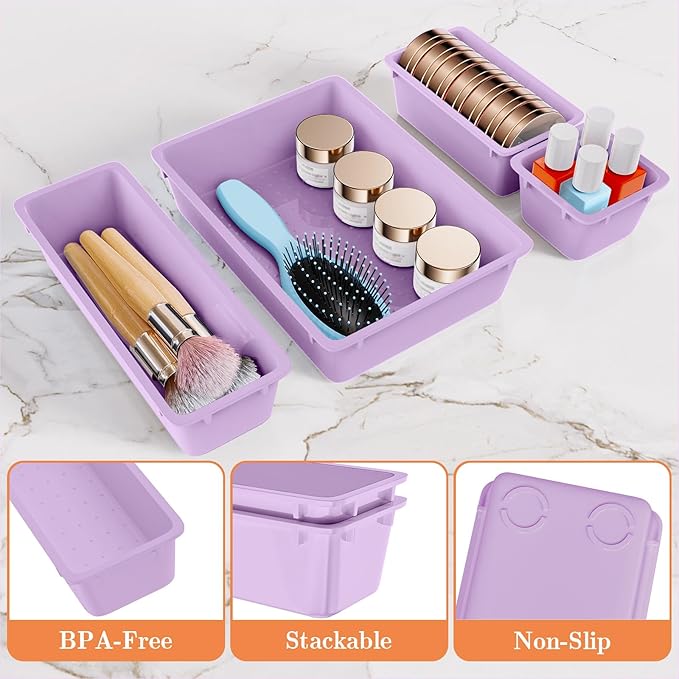 25 PCS Plastic Drawer Organizer Set, 4-Size Versatile Organizer Trays & storage Bins for Makeup, Jewelry, and Gadgets in Bathroom, Bedroom and Office, Purple-NeatNest