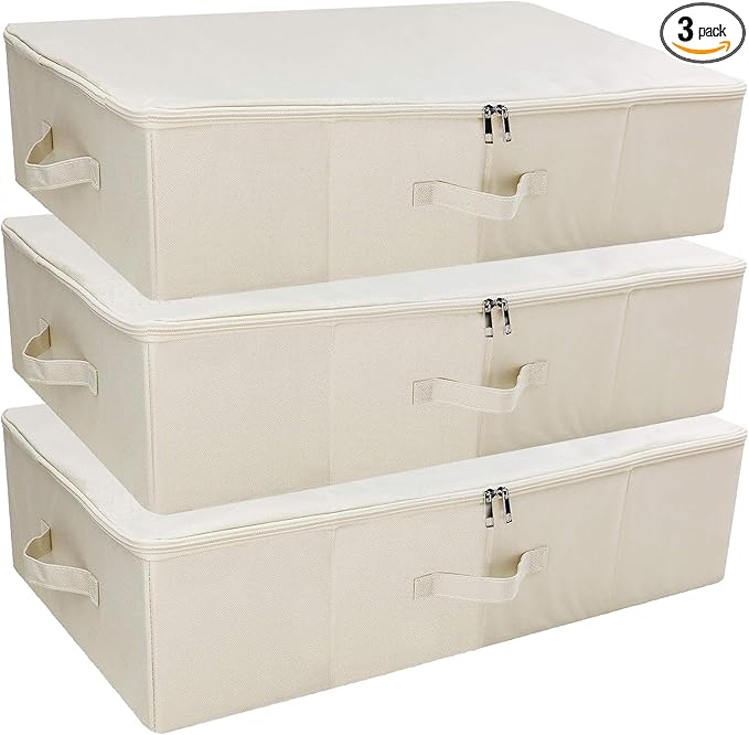 3Pcs Collapsible Rigid Underbed Storage Bins, 27.5 * 15.7 * 7", Folding Fabric Storage Boxes for Clothing, Blankets, Shoes in Closet, Wardrobe, Beige-NeatNest