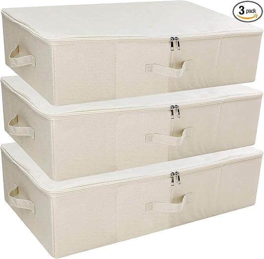 3Pcs Collapsible Rigid Underbed Storage Bins, 27.5 * 15.7 * 7", Folding Fabric Storage Boxes for Clothing, Blankets, Shoes in Closet, Wardrobe, Beige-NeatNest