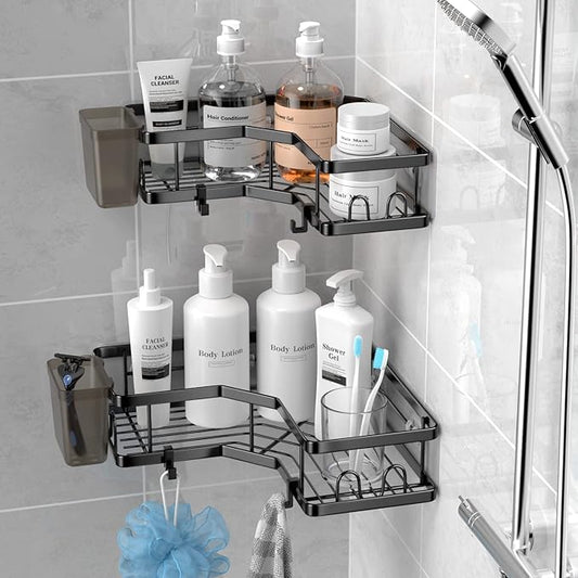 Corner Shower Caddy, 2 Pack Adhesive Shower Corner Organizer Shelves, No Drilling Stainless Steel Shower Storage Rack with Hooks&Toothpaste Holder for Bathroom, Dorm and Kitchen-NeatNest