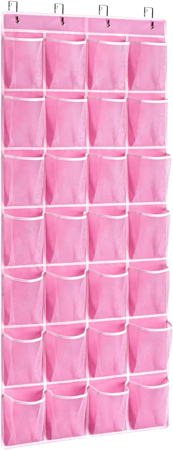 KEEPJOY 28 Pocket Over The Door Shoe Organizer, 2Pack Hanging Shoe Organizer for Door, Hanging Door Shoe Holder Rack with Mesh Pockets Large Size 65 x 23 inch (Pink-2Pack)-NeatNest