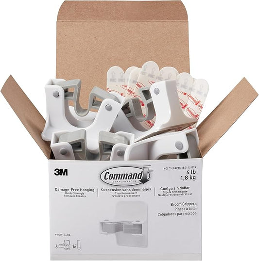 Command Broom and Mop Grippers Wall Hook, Damage Free Hanging Wall Mount Broom and Mop Holder, No Tools Household Cleaning Organizer for Living Spaces, 6 Hangers and 16 Command Strips-NeatNest