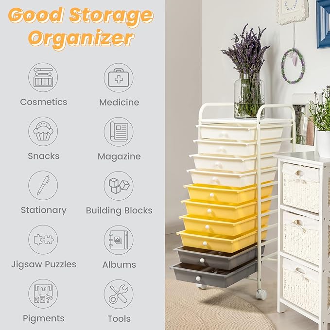 COSTWAY 10-Drawer Rolling Storage Cart, Utility Mobile Trolley with Removable Drawers & Universal Casters & 2 Brakes, Versatile Flexible Drawer Organizer Cart for Home, Office (Yellow)-NeatNest