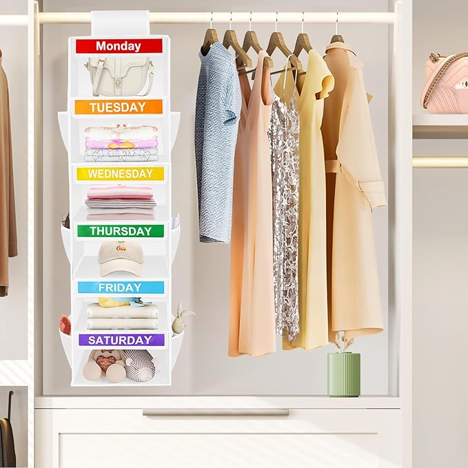 6-Shelf Weekly Closet Hanging Organizer for Kids, 6-Grid Days of the Week Baby Kids Clothing Organizer Monday through Saturday, Foldable Oxford Cloth Closet Clothes Weekday Storage (White)-NeatNest