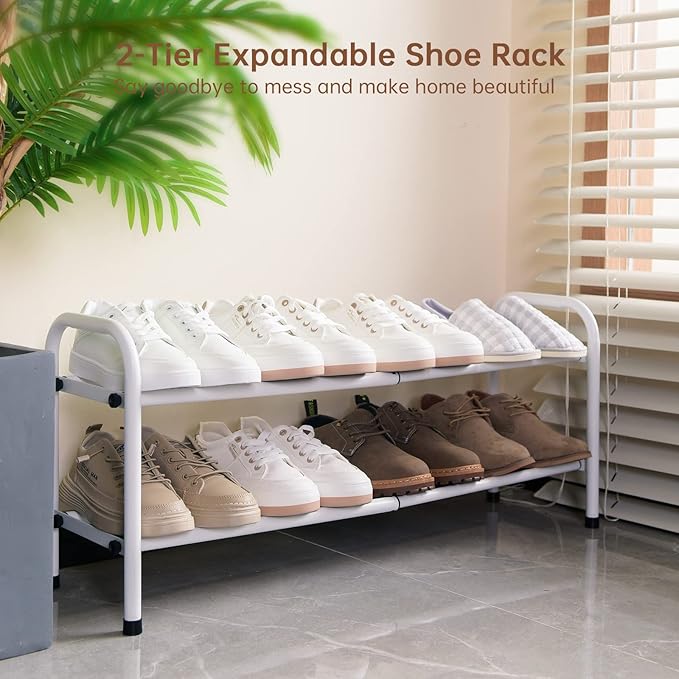 Gonfoam 2-Tier Expandable Shoe Rack,Adjustable Shoe Shelf Storage Organizer Heavy Duty Metal Free Standing Shoe Rack for Entryway Closet Doorway (White)-NeatNest