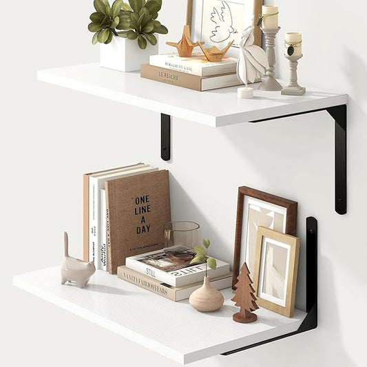 Fun Memories Floating Shelves for Wall, 12 Inch Deep Floating Shelves Set of 2, Wall Mounted Shelf with Metal Brackets, Rustic Wood Wide Shelf for Bathroom, Kitchen and Living Room, White, 24W x 12D-NeatNest