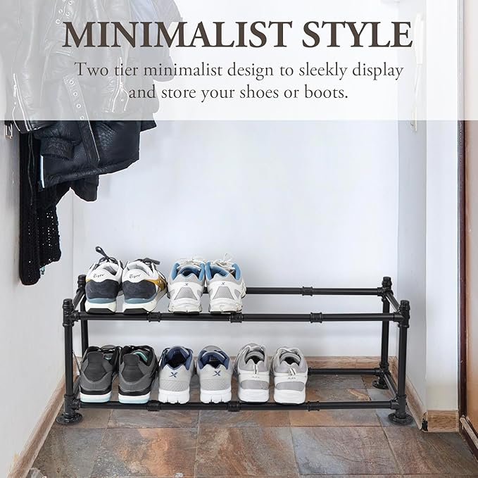 MyGift 2 Tier Rustic Industrial Matte Black Metal Pipe Freestanding Expanding Shoe Rack, Customizable Footwear Storage Organizer Stand, Holds up to 8 Pairs-NeatNest