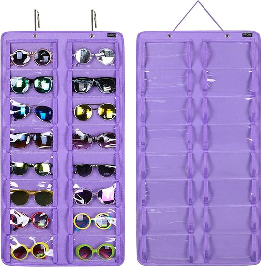 AROUY Sunglasses Organizer Storage, Hanging Dust Proof Wall Pocket Glasses Organizer - 16 Felt Slots Sunglass Organizer Holder with Metal Hook and Sturdy Rope (Dust Proof, Purple)-NeatNest
