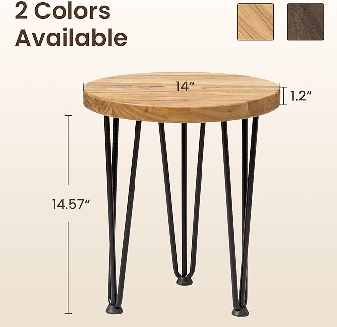 Fun Memories Round Coffee Table - Elm Wood Nesting Table with Metal Legs & Non Slip Feet Base - Rustic Nesting End Tables for Living Room Bedroom - 14" D x 14" W x 16" H - Natural Color
