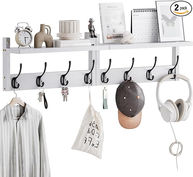 Coat Rack with Shelf Wall Mount, Entryway Bamboo Hanging Shelf, Set of 2, Wall Hook Rail for Hallway Décor, Storage Clothe, Hat, Robe, Key, Dog Leash (White+Black)-NeatNest