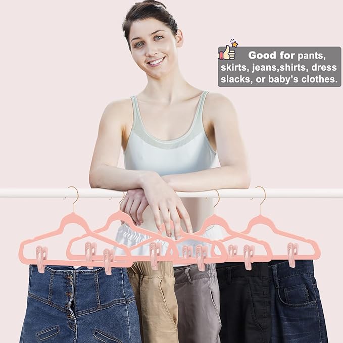 Light Pink Velvet Hangers (80-Pack), Non-Slip Strong Hanger Clips for Velvet Skirts & Pants-NeatNest