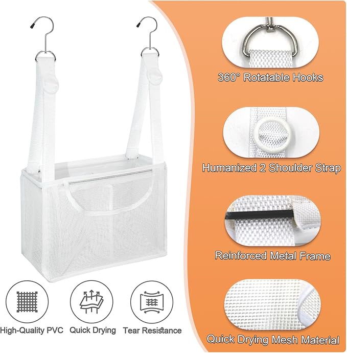 PVC Mesh Hanging Shower Caddy Organizer with 2pc Magnetic Hooks, Portable Adjustable Travel Bathroom Bag with Pockets for RV, Camping, Cruise, Dorm, Gym, White, 12“x5 x7（LxWxH）-NeatNest