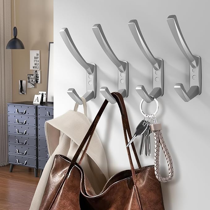 Heavy Duty Wall Hooks, 5.7 Inch Large Coat Hooks, 6 Packs Towel Hooks for Hanging in Bathroom, Bedroom, Entryway, Kitchen, etc (Silver, 4 Pack)