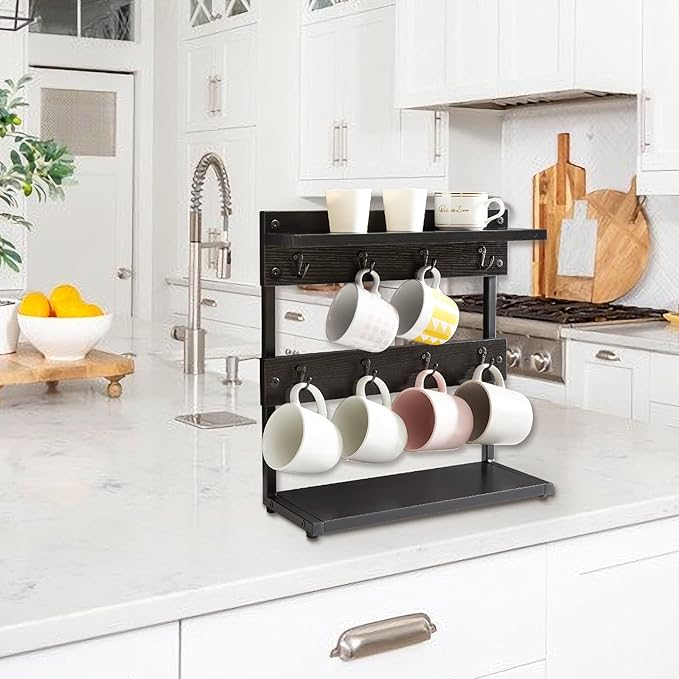 IBUYKE Rustic Coffee Mug Holder Stand, 2 Tier Countertop Mug Tree Holder Rack with Storage Base, Vintage Mug Holders for Kitchen, Holds 8 Mugs, Black UTBJ002B-NeatNest