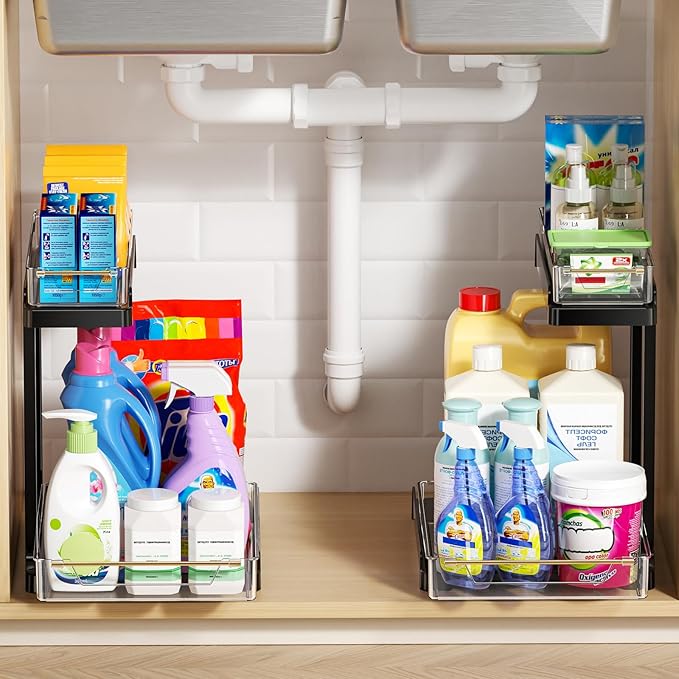 heart & home 1-Pack Under Sink Storage Organizer for Kitchen & Bathroom Cabinets with Removable Washable Tray, Tool-Free Assembly – Multi-Purpose for Kitchen Countertop, Vanity, & Laundry Room，Black-NeatNest