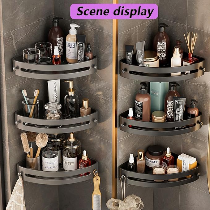 Corner Shower Caddy Shelf,No Punching Design,3-Tier Shower Organizer,Wall Mounted Shower Shelf for Bathroom, Kitchen, Countertop(Gray)