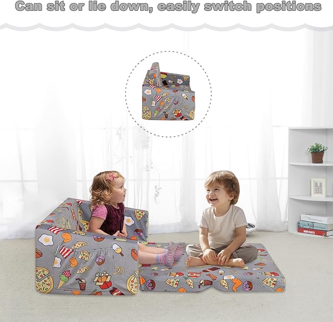 Foam Kid Sofa Couch, 2 in 1 Convertible Sofa to Bed for Baby,Velvet Toddler Sofa Chair with Side Pocket for Kid Playing (W29.92)(Grey)-NeatNest