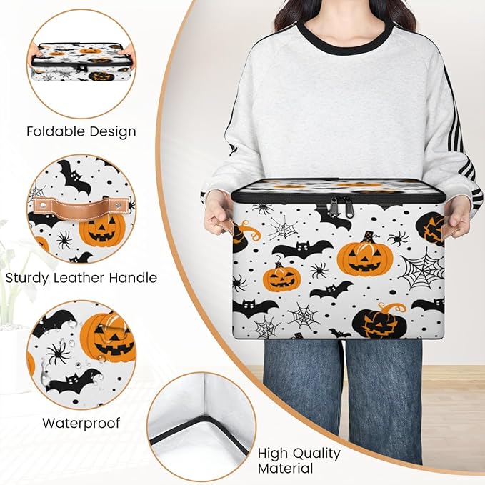 Halloween Pumpkin Storage Bins with Lids, Spiders Bat Fabric Storage Boxes with Zipper, Collapsible Decorative Closet Organizer Cube for Clothes,Organizing, Shelves-NeatNest