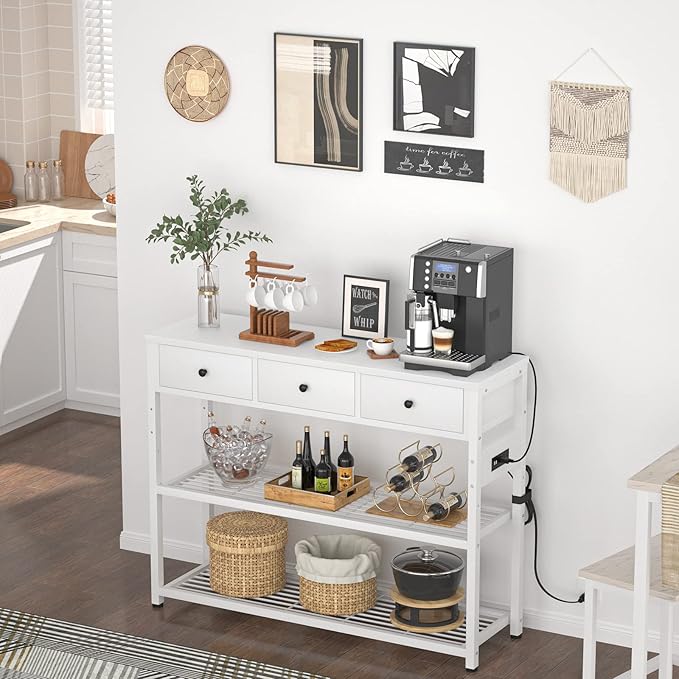 Ecoprsio 47'' Entryway Table with Outlets and USB Ports, Console Table with 3 Drawers, Sofa Table Narrow Long with Storage Shelves for Living Room, Couch, Hallway, Foyer, Kitchen Counter, White-NeatNest