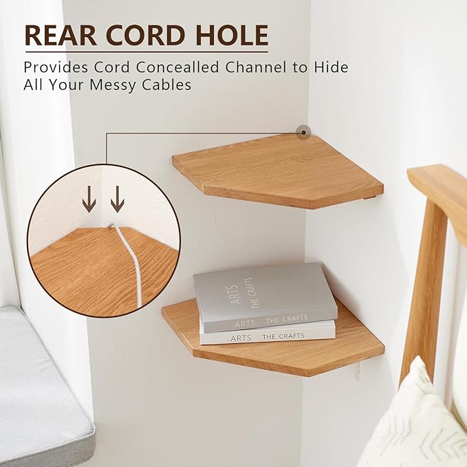 Floating Corner Shelf Solid Oak Wood Corner Wall Shelf with Wire Hole for Cable, Small Plant Display Corner Shelf Wall Mount for Bedroom Living Room Kitchen, 7 inches-NeatNest