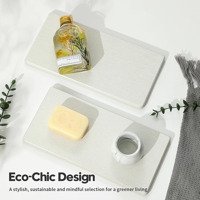 2PCS 10"x 5" Large Bathroom Sink Vanity Trays, Water Absorbing Diatomite Stone Quick Drying Mat for Kitchen Counter, Dish Rack Dispensers Sponge Holder Caddy Organizer, Beige, 10"x 5"-NeatNest