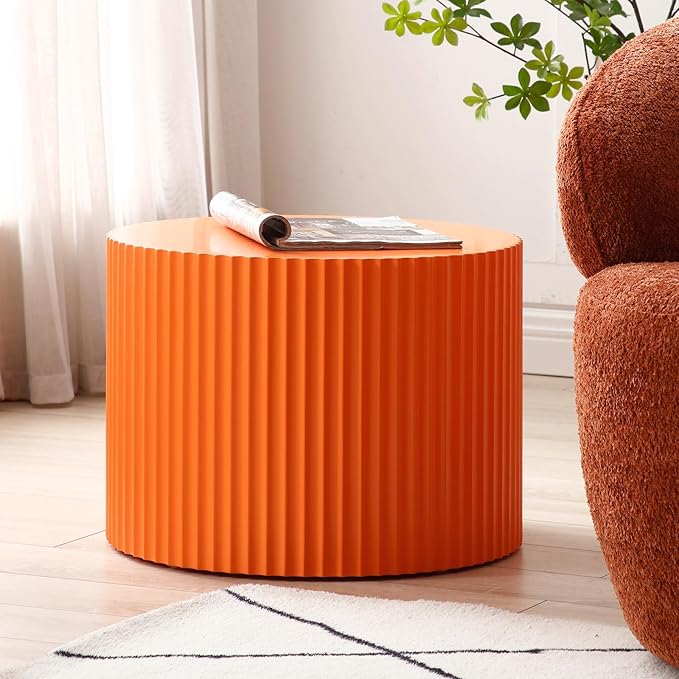 Round Coffee Table Set of 2, Modern Handcraft Nesting Table Wood Side Table Drum Accent End Table Embossed Design Circular Coffee Table Set for Living Room Bedroom, Orange