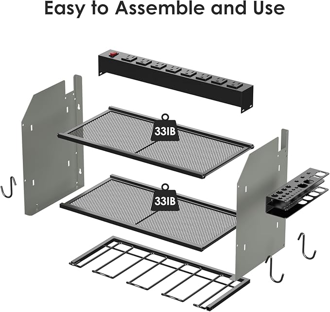 CCCEI Modular Power Tool Organizer Wall Mount with Charging Station. Garage 4 Drill Storage Shelf with Hooks, Drill Bit Heavy Duty Rack, Grey Tool Battery Holder Built in 8 Outlet Power Strip.-NeatNest