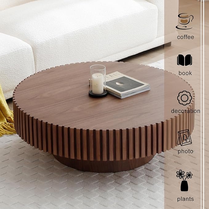 31" Round Coffee Table for Living Room, Mid Century Modern Coffee Table with Sturdy Pedestal, Circle Center Table Accent Tea Table for Apartment Walnut