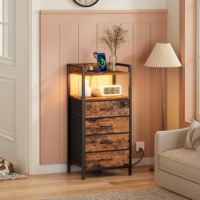 Furnulem Night Stand with Charging Station and Led Light, 4 Drawer Dresser for Bedroom, Small Nightstand Bedside Table, Fabric Bins, Metal Frame, Wood Shelf, Side Furniture(Rustic Brown)