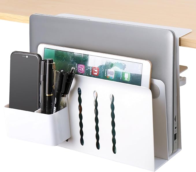 2 TIER Desk Side Storage Upgraded Under Desk Organizer, No Drill Hanging Laptop Holder Under Desk, Clamp-On Table Side Tray Steel Desktop Organization for Office and Home (White)