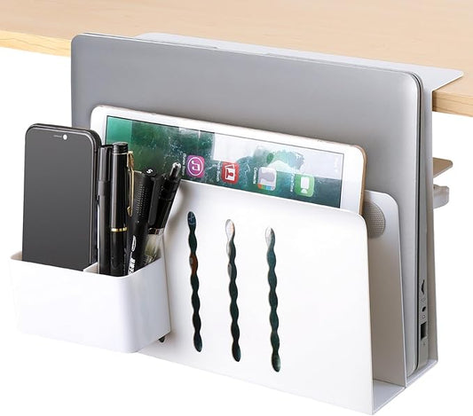 2 TIER Desk Side Storage Upgraded Under Desk Organizer, No Drill Hanging Laptop Holder Under Desk, Clamp-On Table Side Tray Steel Desktop Organization for Office and Home (White)
