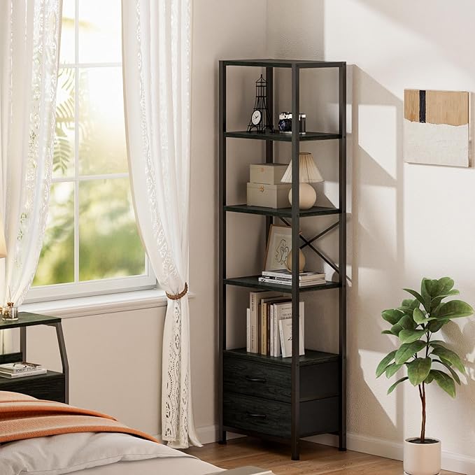 Furnulem 5-Tier Corner Shelf, Narrow Bookshelf with 2 Storage Drawers, 65.16" Tall Bookcase, Standing Shelf Organizer Unit for Living Room, Bedroom, Metal Frame, Wood Display Shelf(Black Oak)