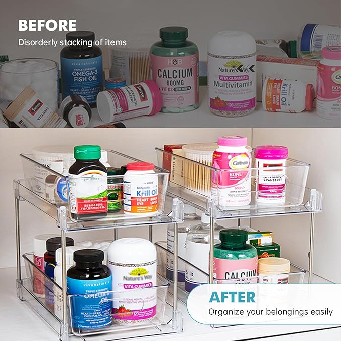 2 Pack Clear Bathroom Organizers and Storage, 2 Tier Pull Out Under Sink Cabinet Organizer Plastic Drawer Organization and Storage for Bathroom and Kitchen-NeatNest