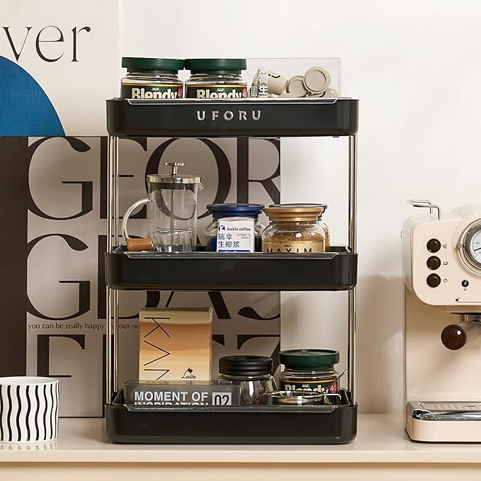 Countertop Coffee Station Organizer, 3 Tier Wine Glass Holder, Mug Shelf with Removable Drain Tray, Spice Rack for Kitchen, Bathroom Countertop Organizer, Black-NeatNest