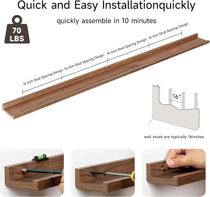 Floating Picture Ledge Shelves for Wall Set of 2, 84 Inches Picture Ledge Shelf with Long Large Nursery Book Shelf for Toys Storage Kids Bookshelf Wall Mounted Living Room Bedroom Decor Frames, Walnut-NeatNest
