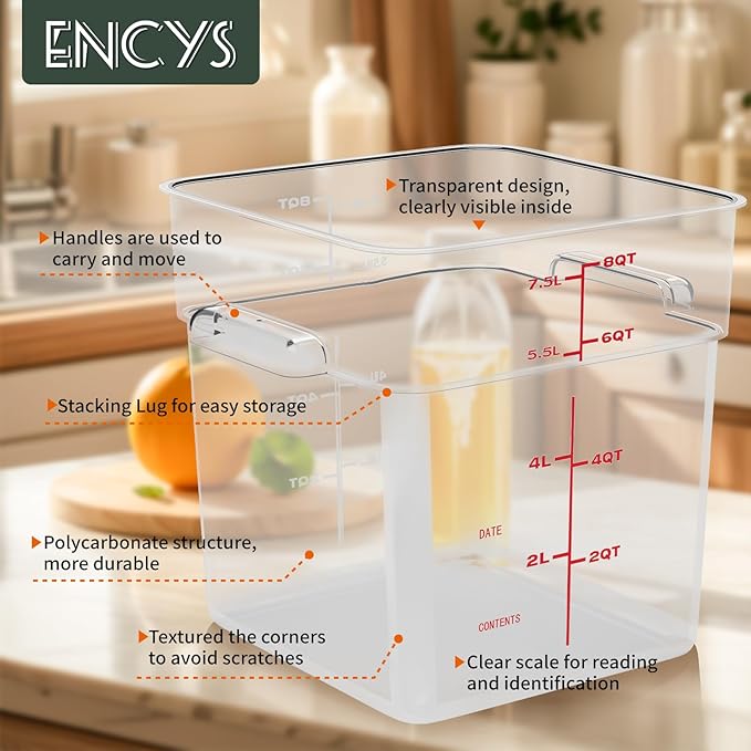 8 Quart Set of 4 Food Storage Containers Commercial Clear Square Food Storage Containers with Lids and Handles(BPA FREE)
