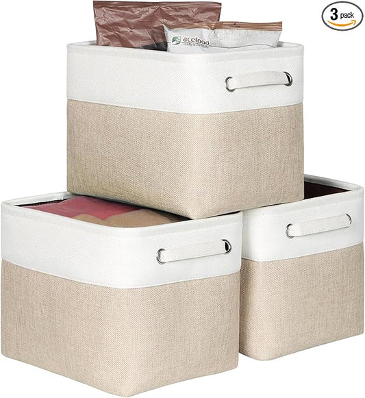 Kntiwiwo Foldable Storage Bin Collapsible Basket 12" x 10" x 9.5" Cube Storage Organizer Bins with Dual Carry Handles for Home Closet Shelves Drawers Organizer, Set of 3, Beige