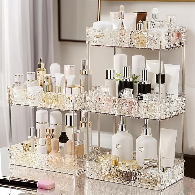 Makeup Organizer for Vanity,Bathroom Countertop Skincare Organizer,Makeup Counter Shelf Perfume Holder Rack,Cosmetic Display Case (Clear, 2 Tier)-NeatNest