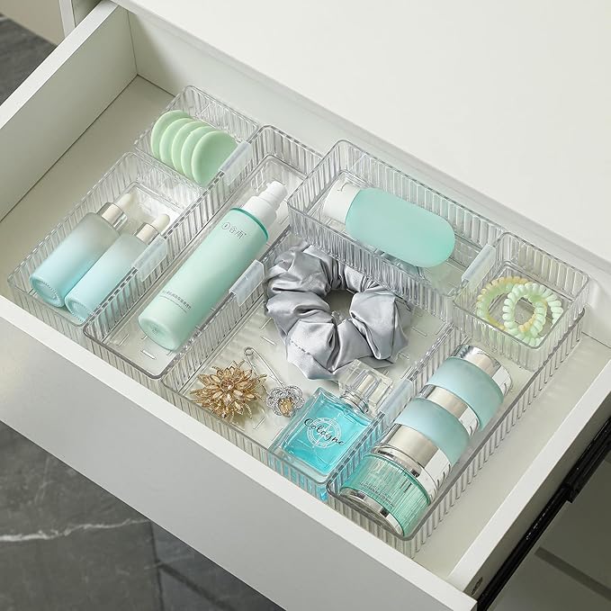 Clear Drawer Organizer Bins 7 pc Set, 4-Size Stackable Trays for Makeup Vanity Drawers, Bathroom Drawer Organizer Storage Containers for Cosmetic, Office Supplies-NeatNest