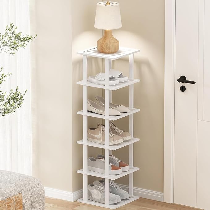 White Bamboo Shoe Rack - Vertical Shoe Rack for Small Spaces-NeatNest