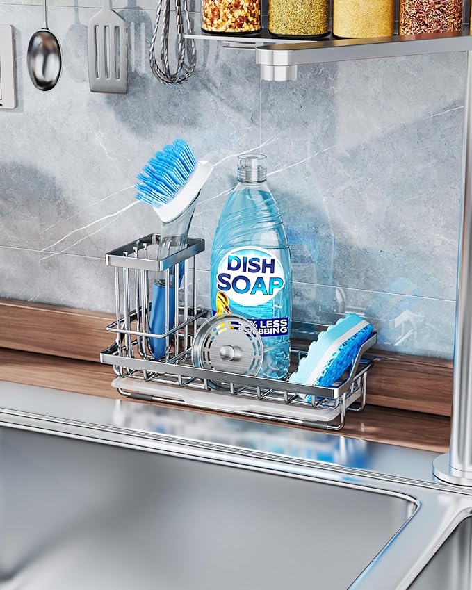Consumest Sink Caddy, Kitchen Sponge Holder with Dish Brush Holder, Kitchen Organizer with Drip Tray for Countertop, Stainless Steel Rustproof - Silver-NeatNest