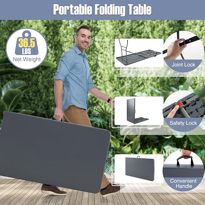 Goplus 8ft Plastic Folding Table, 350 LBS Outdoor Heavy Duty Folding Tables with HDPE Tabletop, Handle, Lock, Foldable Rectangle Portable Utility Card Table for Picnic, Party, Camping, Dining-NeatNest