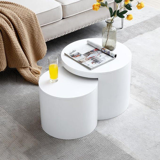 Nesting Coffee Table Set of 2, Small Coffee Table Round End Table Circle Side Table Wood Accent Tables for Small Spaces Living Room Bedroom Balcony Office, White