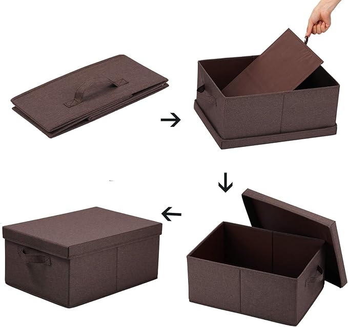 HOONEX Linen Foldable Storage Bins with Lids, 2 Pack, Storage Boxes with Carrying Handles and Sturdy Heavy Cardboard, 16.5" L x 11.8" W x 7.5" H for Shoes, Clothes, Brown-NeatNest